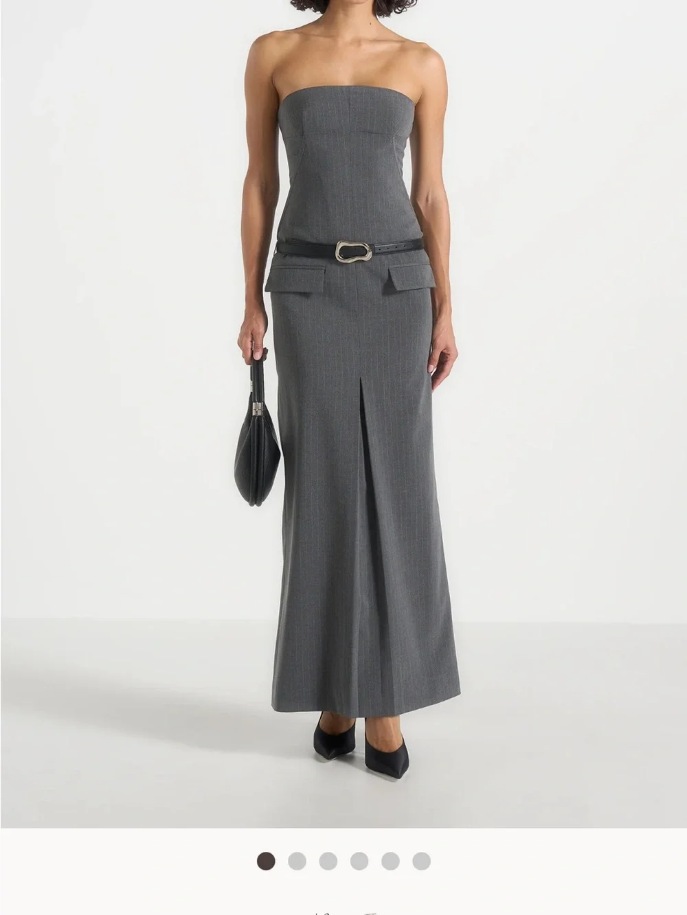 Maniere De Voir Strapless Gray Maxi Dress with Belted Waist